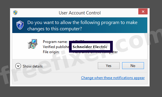 Screenshot where Schneider Electric appears as the verified publisher in the UAC dialog
